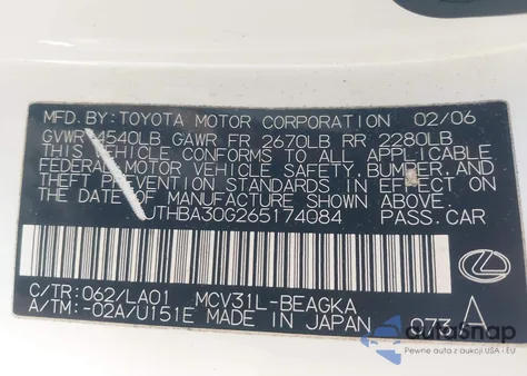 2006 Lexus Es 330 from USA, damaged, VIN JTHBA30G265174084